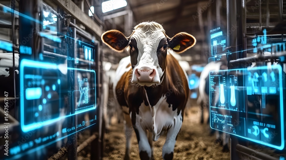 A cow stands in a barn, surrounded by digital interfaces displaying ...