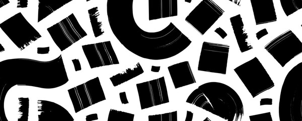 Poster - Black and white seamless pattern with bold curved brush strokes and squares. Hand drawn vector abstract background.