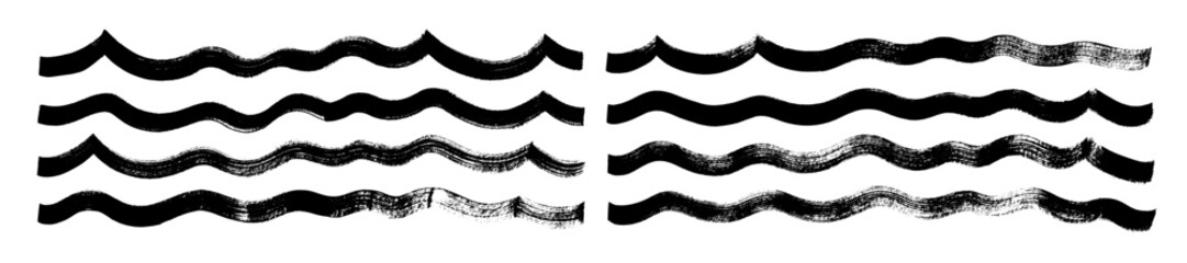 Aufkleber - Naive bold brush drawn waves, underlines or borders. Thick doodle texture horizontal lines. Abstract modern vector squiggles, brush drawn wavy strokes. Dirty curved vector brushstrokes.