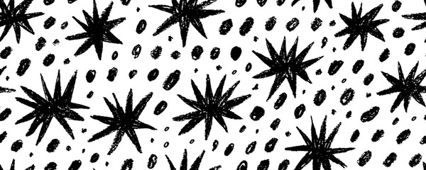 Poster - Crayon drawn black stars and dots graphic background. Shine and sparkle hand drawn seamless banner design.