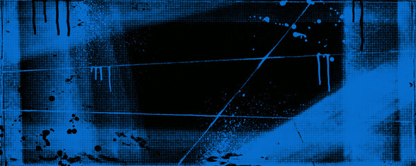 Blue and black colored grunge punk texture background with halftone overlay, paint drops and splashes. Modern urban graffiti style banner or poster design. Graffiti punk banner with distress texture.