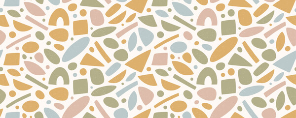Fototapete - Crayon drawn pastel colored funky shapes, organic figures seamless pattern. Hand drawn vector childish cute drawing.