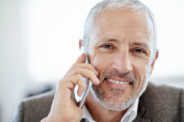 Poster - Phone call, office and portrait of mature businessman for b2b networking, conversation and contact. Corporate, consultant and happy worker on smartphone for communication, connection and talking