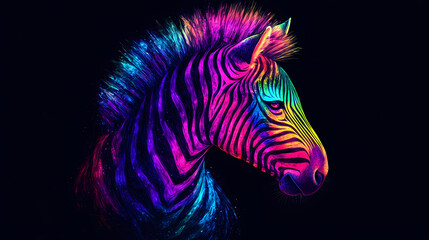  Dazzling neon zebra shining brightly on black background image. [Neon Beasts] | Electric Mane | shock lion. Illustration