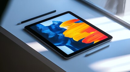 Poster - Modern Tablet Displaying Vibrant Abstract Art Blue Orange Yellow Hues Digital Painting Creative Design Graphic Resource Technology Device Stylus Pen Workspace Minimalist Background