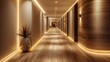 © Hassan - A modern hotel corridor with soft lighting and sleek wooden flooring.