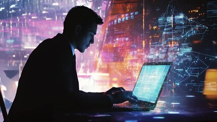 Fototapete - Cyberpunk businessman working late at night on his laptop, futuristic city background