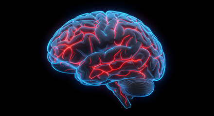 Poster - Abstract 3D Rendering of Human Brain with Blue Exterior and Red Neural Connections on Black Background