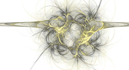 Poster - Abstract Digital Art Featuring Gold Particles with Fine Gray Strands on White Backdrop Illuminated by a Horizontal Bar of Light