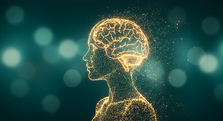Poster - Abstract Golden Particle Woman Silhouette Revealing Brain on Teal Bokeh Background Highlighting Artificial Intelligence and Future Technologies