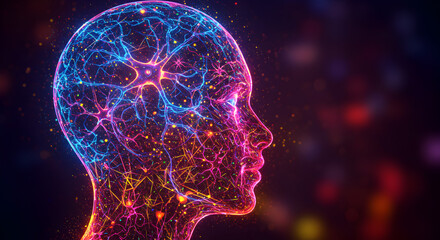 Poster - Abstract Head Outline Glows with Neon Colors Bokeh Background Represents Artificial Intelligence