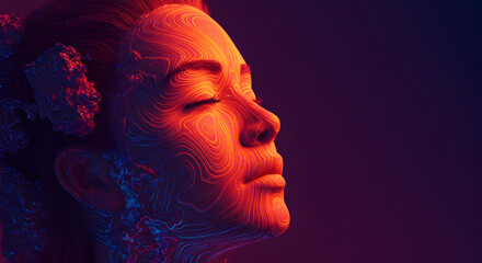 Poster - Abstract Pixelated Portrait of a Woman in Profile with Dynamic Red and Blue Lighting