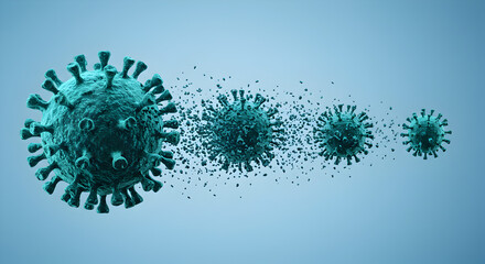 Poster - Blue Coronavirus Sequence Degradation Illustration on Light Blue Background Depicting Virus Structure and Decay with Scientific Precision
