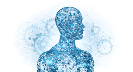 Poster - Blue Digital Human Figure Made of Particles with Faint Gear Outlines on a White Background