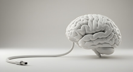 Poster - Brain Connected to Cable on White Background Symbolizing Technology Connectivity and Artificial Intelligence