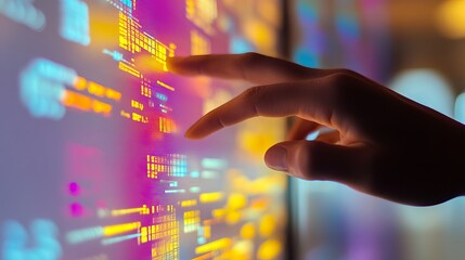 Poster - Abstract Digital Data Visualization Futuristic Technology Interface Hand Touching Screen Neon Colors Bright Vivid Illuminated Modern Design Innovative Digital Art Graphic          