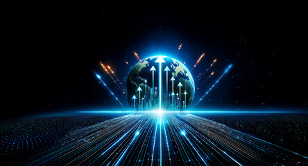 Poster - glowing earth encircled by upward-pointing arrows, radiating light streaks across a dark, digital la