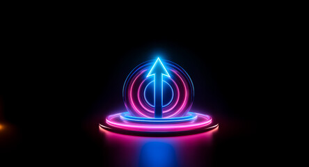 Aufkleber - glowing neon arrow ascends through concentric circles on a dark, reflective platform. the vibrant co