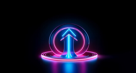 Poster - a vibrant, glowing neon arrow points upward, encircled by concentric rings of light on a dark reflec