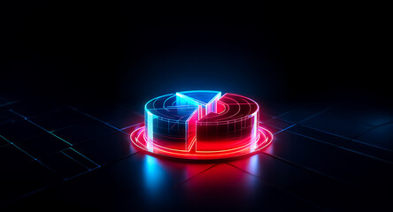 Poster - Glowing neon pie chart, segmented in red and blue, rests on a dark reflective surface.  Cyberpunk aesthetic.