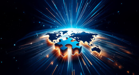 Poster - a glowing world map puzzle piece bursts with radiant energy, symbolizing global connection and innov