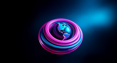 Aufkleber - a stylized earth globe encased within vibrant, swirling neon rings, set against a dark backdrop. the