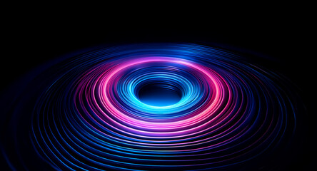 Fototapete - Vibrant pink and blue neon rings create concentric circles of light, emanating outwards on a dark background.  The effect is hypnotic and mesmerizing, like ripples in a digital pond.