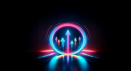 Aufkleber - glowing neon arrows ascend within a vibrant circular frame, radiating energy and signifying growth o