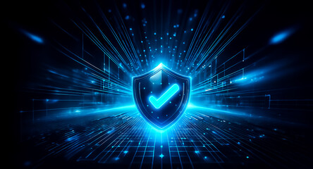 Poster - a glowing blue shield with a checkmark, symbolizing digital security and data protection, is showcas
