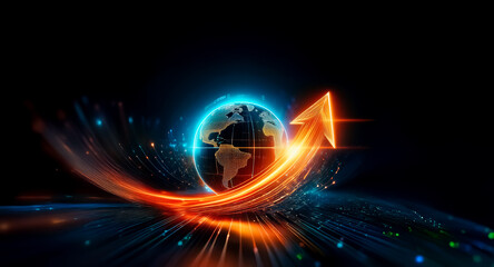 Poster - a glowing earth encircled by a vibrant, upward-pointing arrow, symbolizing global growth and progres