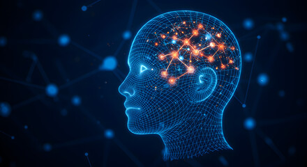 Poster - Digital Blue Wireframe Head with Glowing Neural Connections on Dark Background
