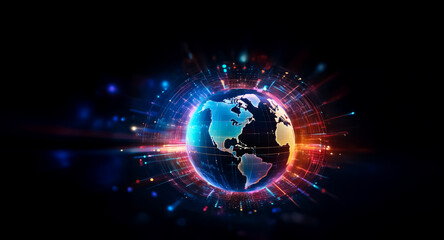 Poster - a vibrant, glowing earth encircled by a burst of multicolored energy, suggesting global connectivity