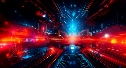 Aufkleber - a vibrant, futuristic digital corridor glows with intense red and blue light streaks. the scene evok