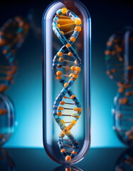 Poster - A DNA strand encased in a glass capsule, symbolizing the essence of life and genetic information. Generative AI.