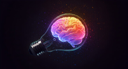 Poster - Glowing Brain Inside Lightbulb on Dark Background Symbolizing Innovation Creativity and Artificial Intelligence