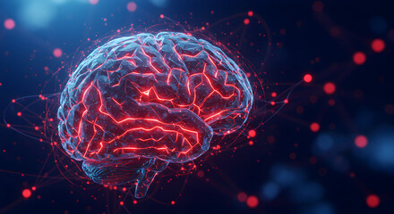 Poster - Glowing Red Neural Networks Inside Brain 3D Render on Dark Blue Background Representing Artificial Intelligence and Neuroscience