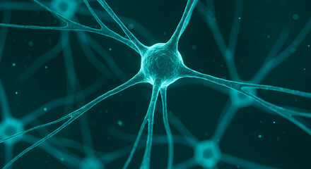 Poster - Green Neuron Cells Forming Neural Network Connections Medical Science Concept Brain Function and Neurological Research with Dark Green Background