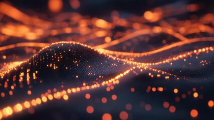 Poster - Abstract Orange and Black Digital Landscape: Glowing Particle Waves
