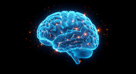 Poster - Human Brain Hologram in Electric Blue with Neural Network and Artificial Intelligence Concept