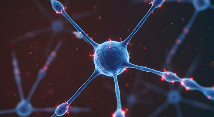 Poster - Interconnected Blue Neurons and Bright Red Synapses Detailed Medical Close Up