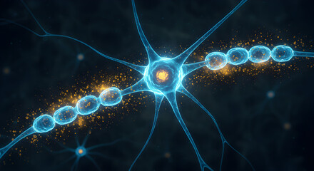 Poster - Intricate Neuron Structure with Blue and Orange Synapses on Dark Backdrop Detailed Abstract Rendering Showcasing Cellular Communication