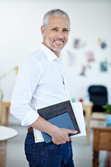 Poster - Mature, businessman and portrait with paperwork in office for investment, planning and smile. Ceo or project manager, happy and diary or notebook for finance research and company schedule in agency