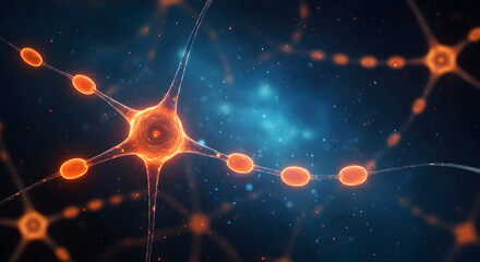 Poster - Nerve Cells Network With Orange Connections On Dark Blue Background And Nerve Impulses
