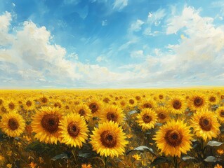 sunlit sunflower field stretching to the horizon, clear blue sky with wispy clouds, bright and cheer
