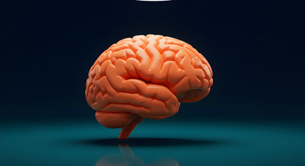 Poster - Orange Voxel Style Human Brain Model on Reflective Teal Surface with Dark Gradient Background