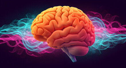 Poster - Orange Voxelated Human Brain Model with Flowing Blue and Pink Light Trails on Dark Background Represents Cognitive Functions