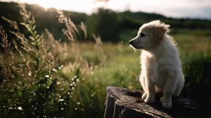 Wall Mural - Puppy sitting on a stump in a peaceful field, savour nature