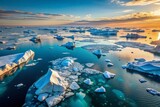 Aerial View of Glacial Ice Chunks Floating in Ocean, Arctic Landscape