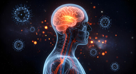 Poster - Transparent Human Head with Glowing Orange Brain and Circulating Virus Particles on Dark Speckled Background