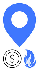 Poster - blue location pin, circular dollar coin, and blue flame icon symbolize finance, energy, economy, nav